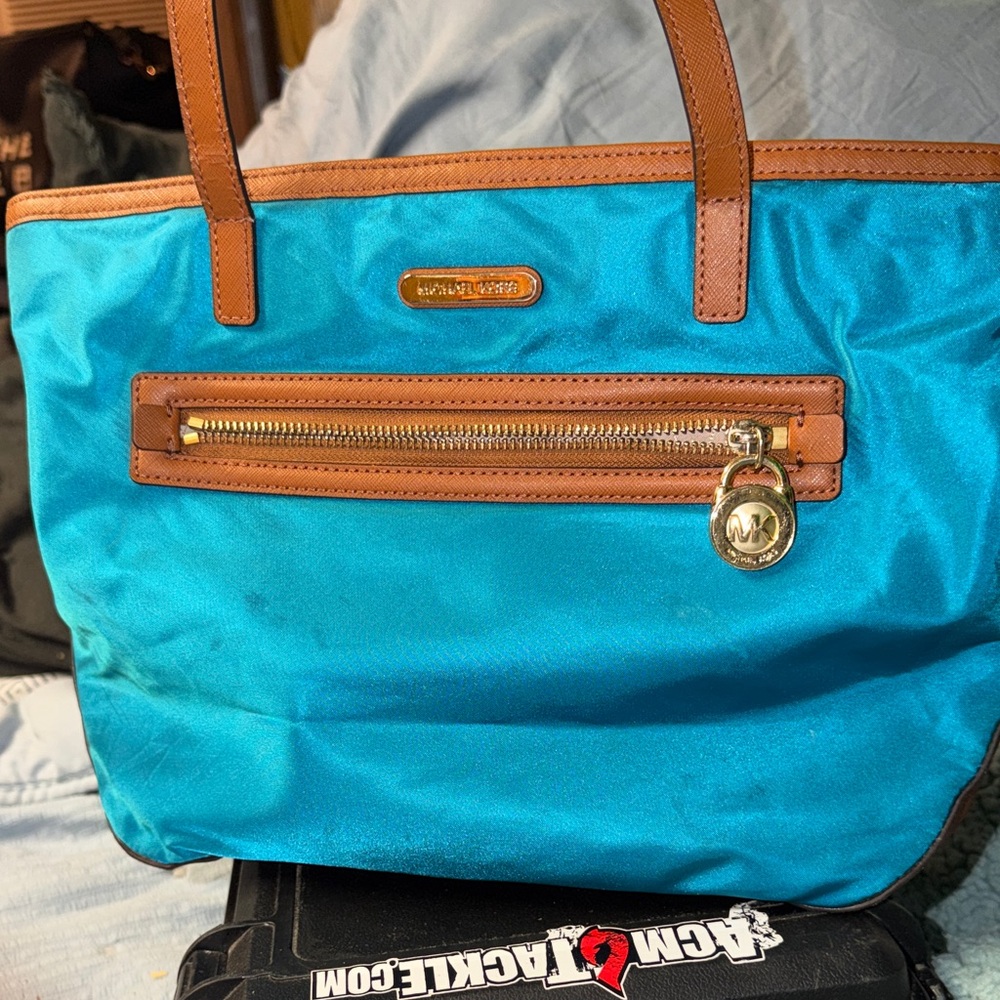 Michael Kors Turquoise Tote with Brown Leather Trim and Gold Hardware